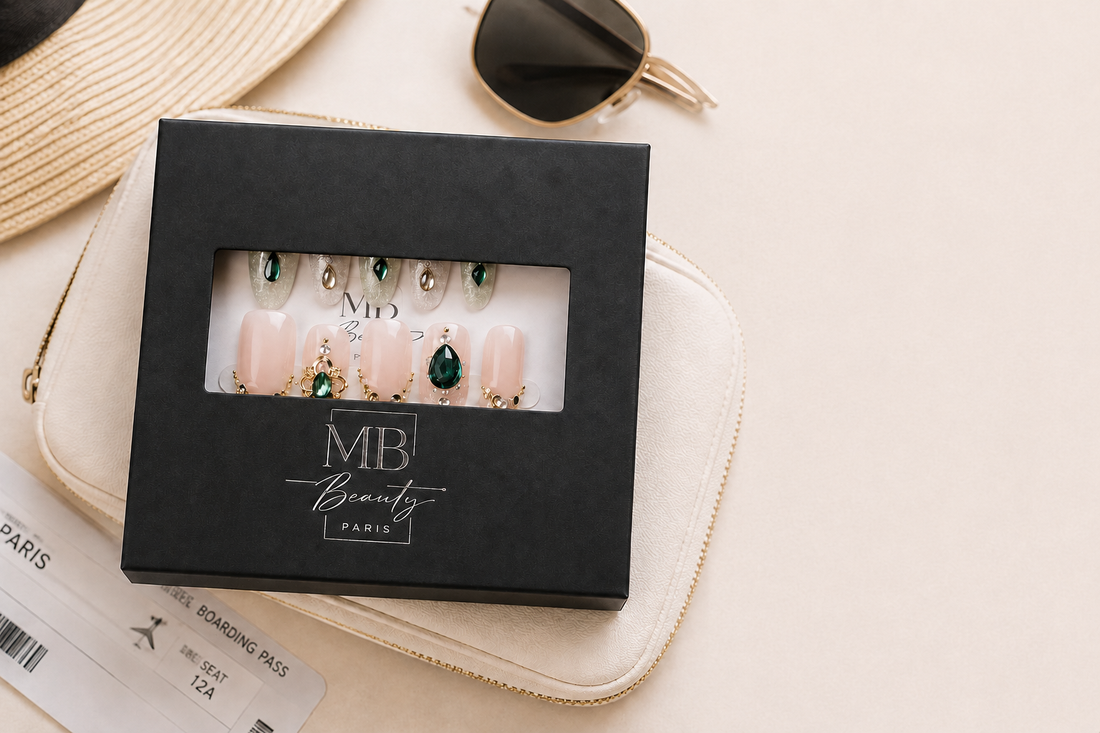 Coffret de faux ongles press-on MB Beauty avec accessoires de voyage, lunettes de soleil et pochette beige.