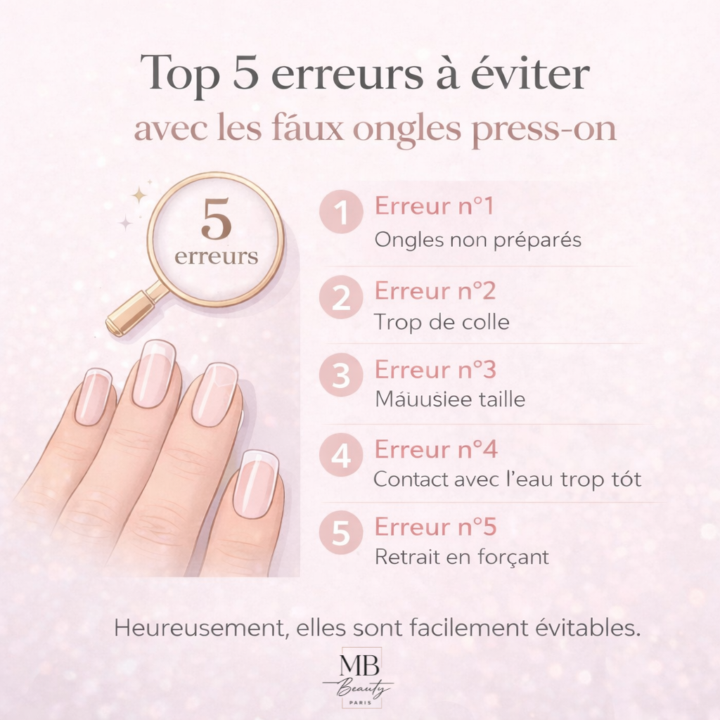 Infographie MB Beauty présentant les 5 erreurs à éviter avec les faux ongles press-on : ongles non préparés, trop de colle, mauvaise taille, contact avec l’eau trop tôt et retrait forcé, avec illustration d’une main aux ongles naturels.