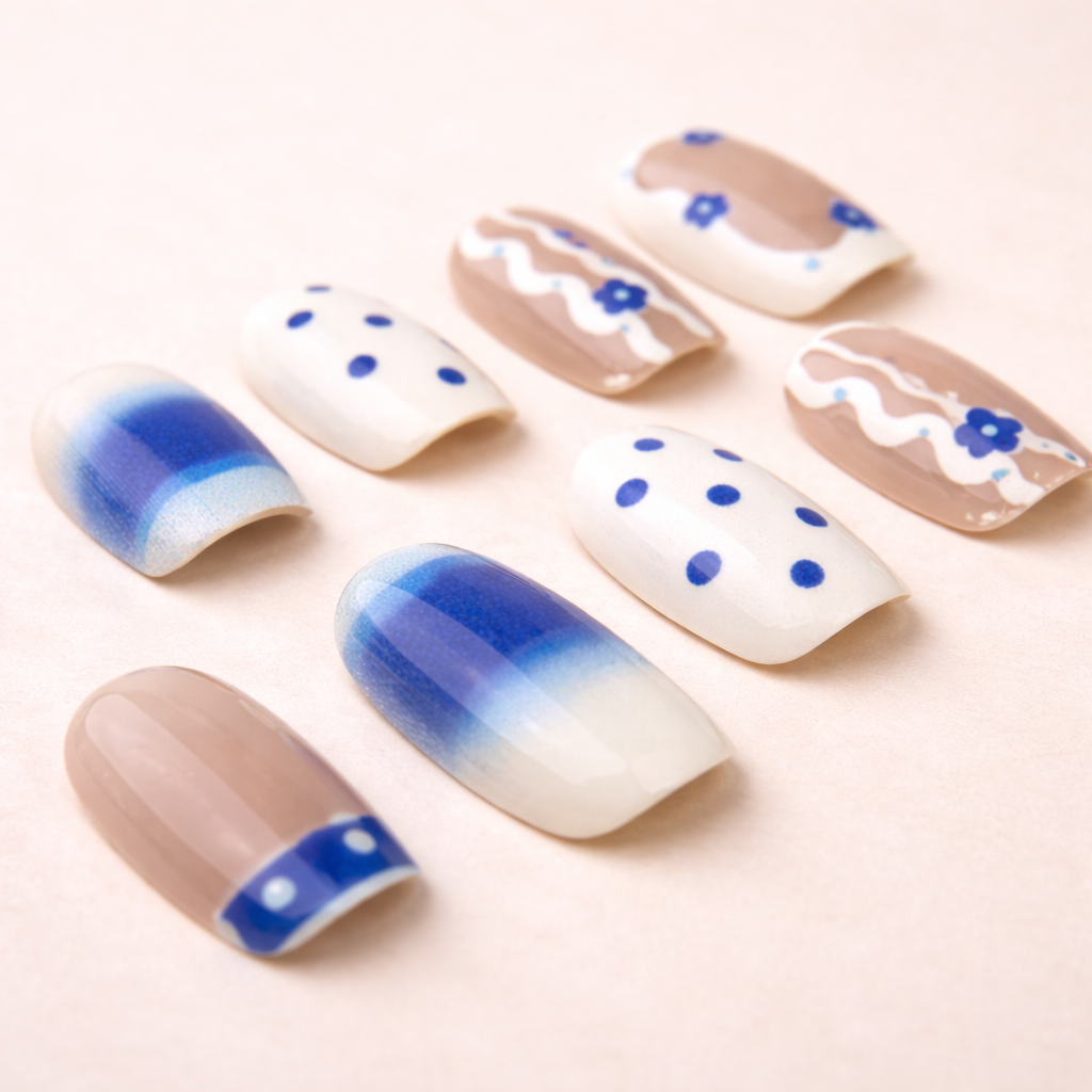 Détail ongles press-on Bleu Klein Fleuri – finition brillante bleu intense et motifs floraux