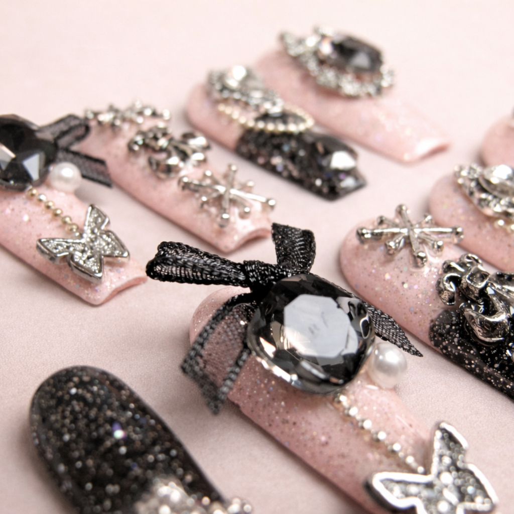 Détail ongles press-on Gothic Rose – roses sombres et finition brillante sophistiquée