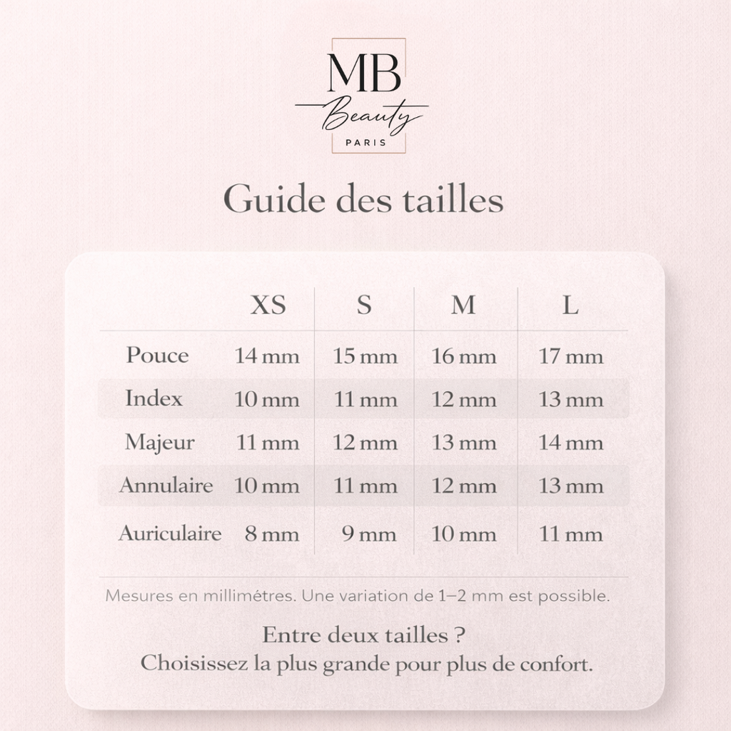 Size guide for fake nails with MB Beauty Paris branding on a light pink background