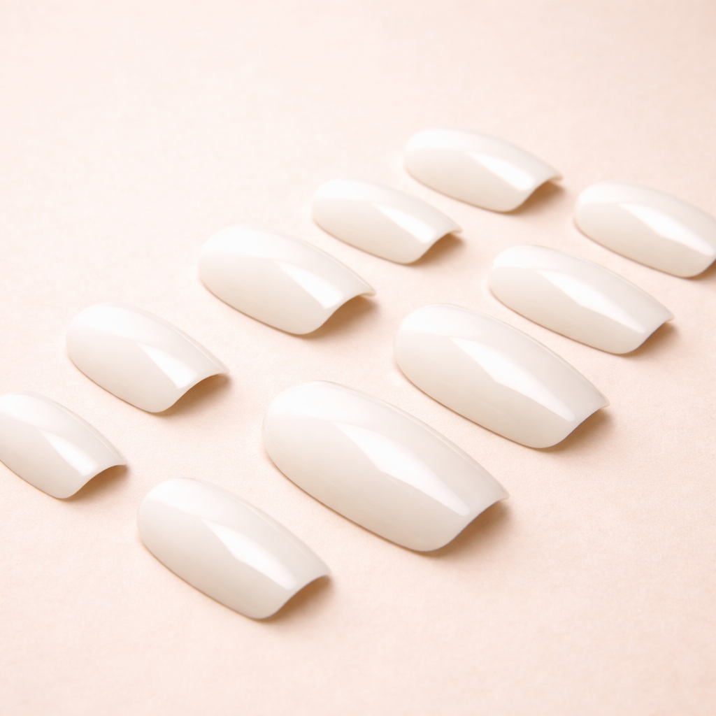 Faux ongles press-on nude MB Beauty avec finition brillante sur fond beige élégant