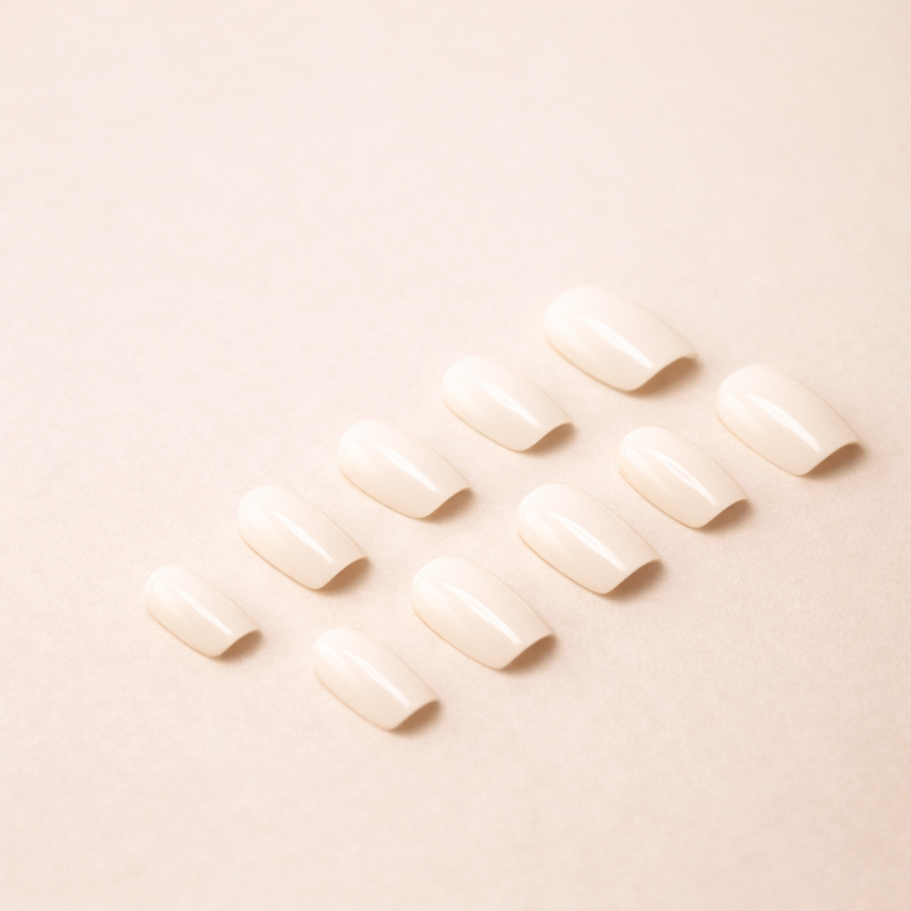 Faux ongles press-on nude MB Beauty avec finition brillante sur fond beige élégant