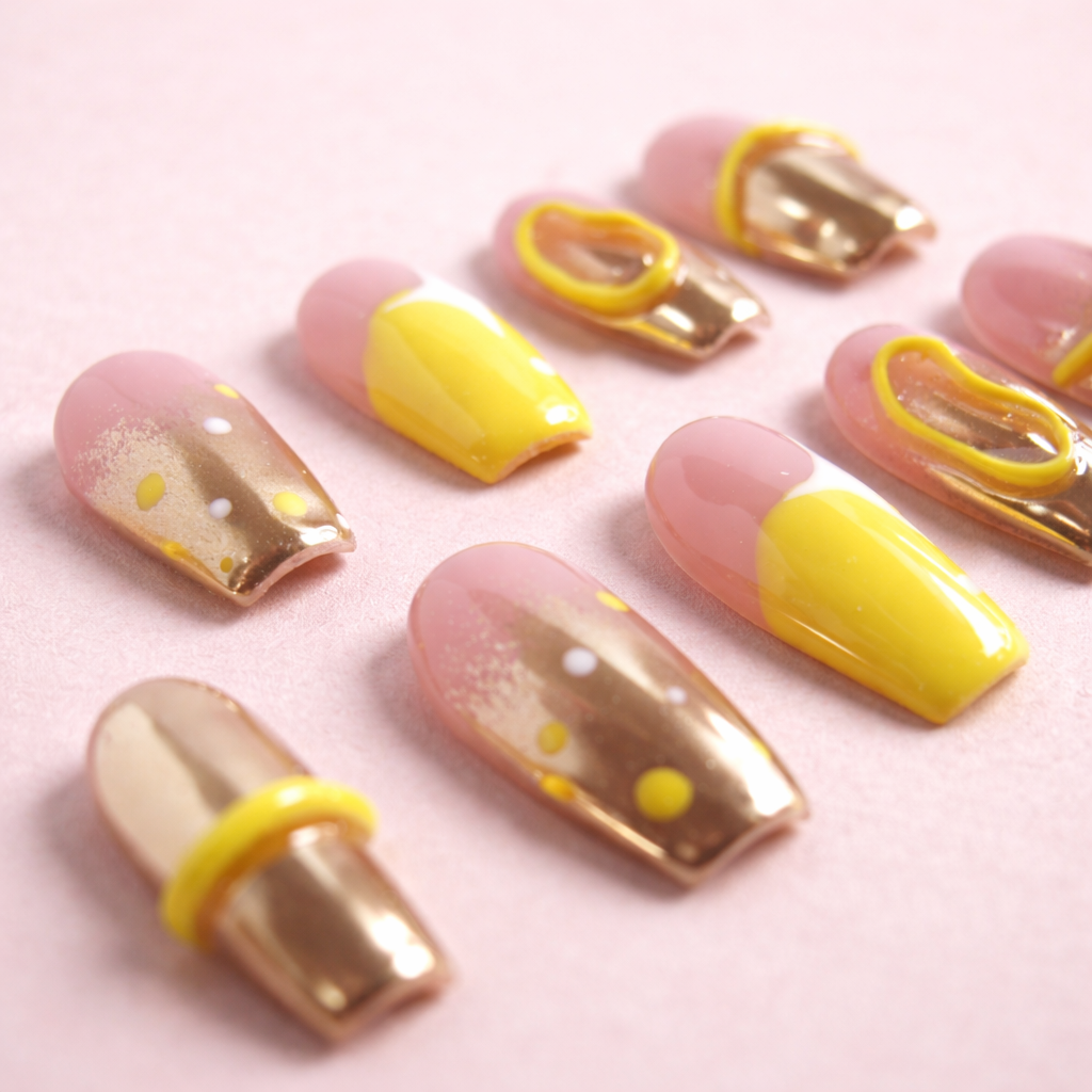 Détail ongles press-on Jaune Lumière – finition brillante jaune solaire éclatant