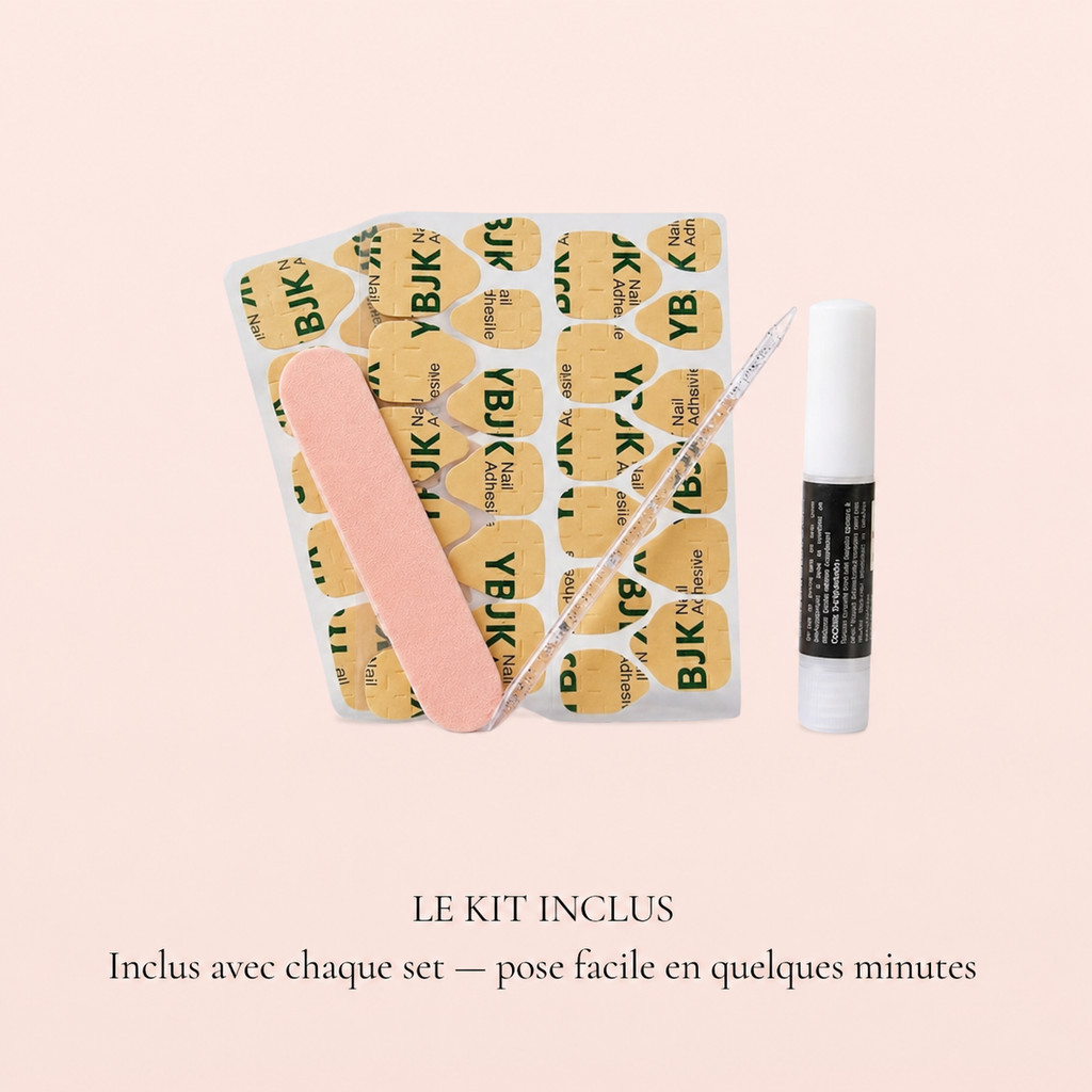 Kit complet pour ongles press-on MB Beauty avec colle, gel pads, lime et bâtonnet de buis 