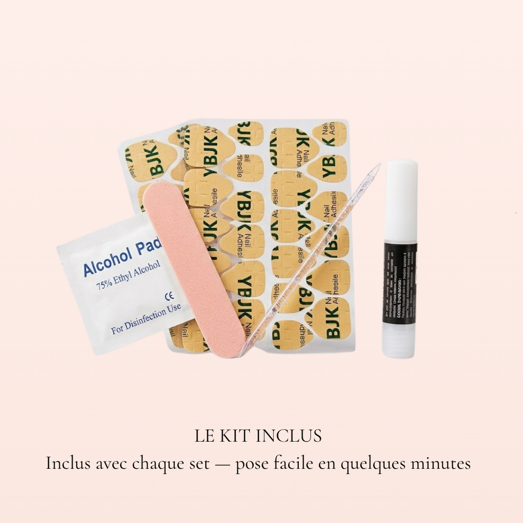 Kit complet pour ongles press-on MB Beauty avec colle, gel pads, lime, bâtonnet de buis et alcohol pad inclus