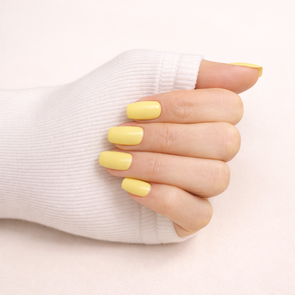 Ongles press-on Lumière Citron sur main – manucure jaune doux élégante effet salon