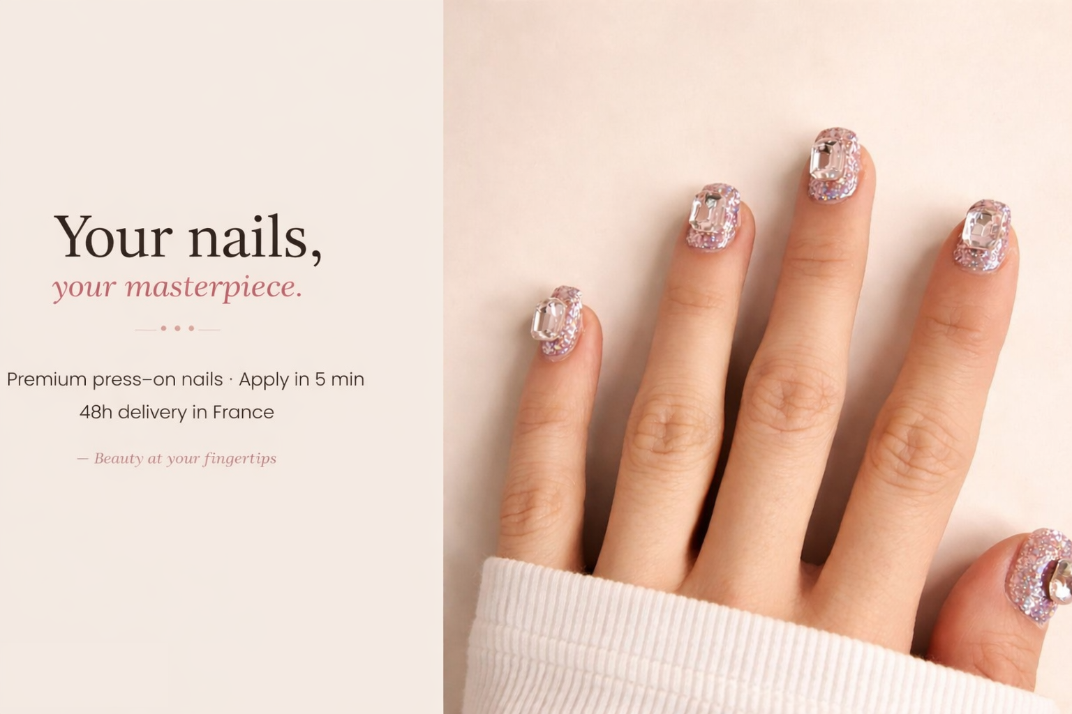 Luxury press-on nails with pink glitter and rhinestone design on hand, premium manicure look MB beauty