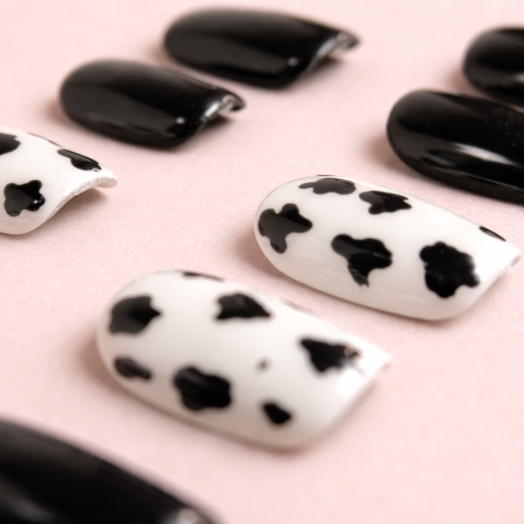 Détail ongles press-on Moo Chic – finition brillante avec motif cow print élégant