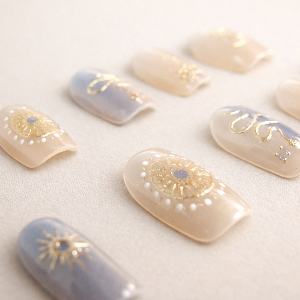 Détail ongles press-on Or Solaire – finition brillante avec reflets dorés élégants