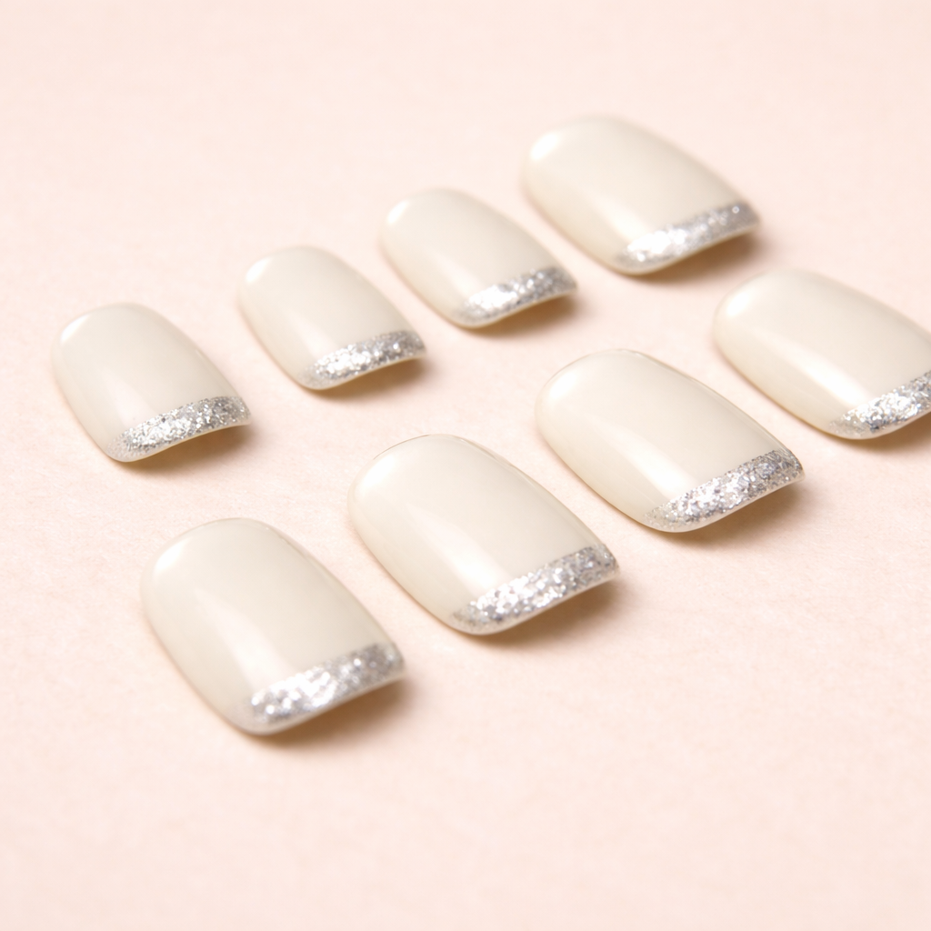 Détail ongles press-on Perle Douce – finition nacrée brillante élégante