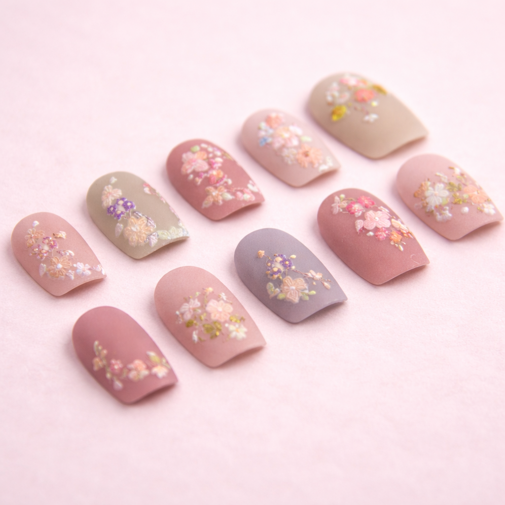 Ongles press-on Pétale Couture – design floral délicat et raffiné MB Beauty