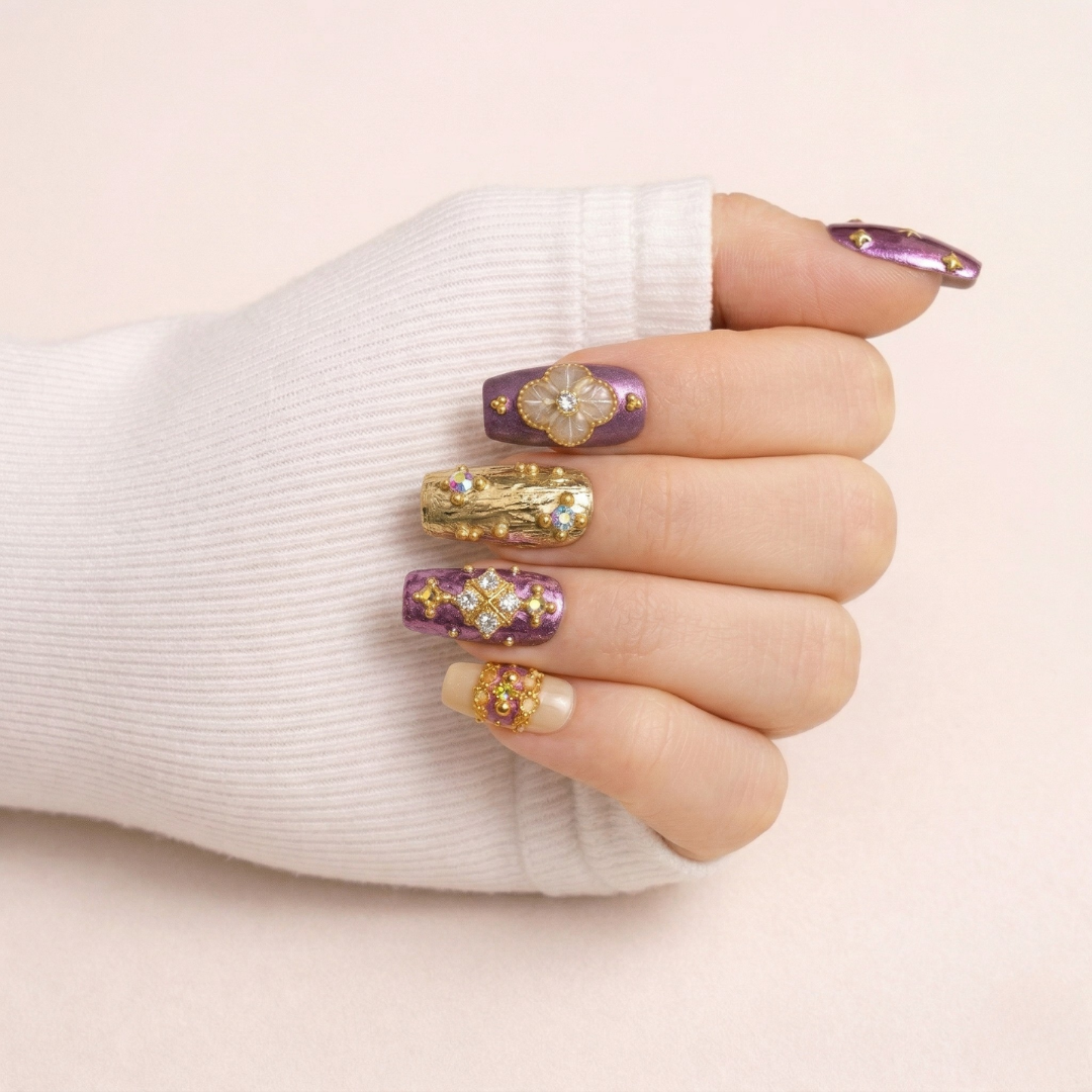 Ongles press-on Princesse Royale sur main – manucure élégante avec détails effet bijou