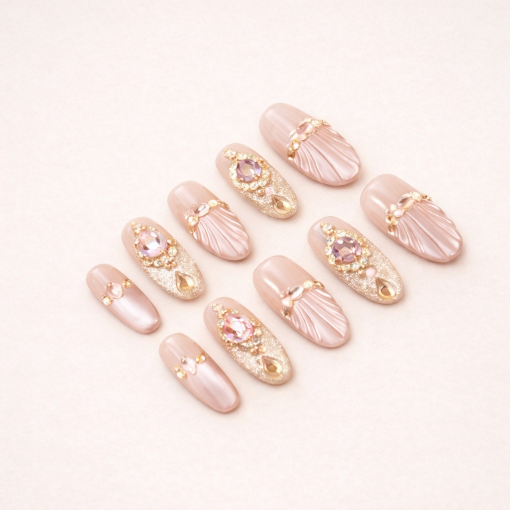Ongles press-on rose nude avec détails coquillage, strass roses et finitions dorées, set complet de 10 faux ongles élégants MB Beauty