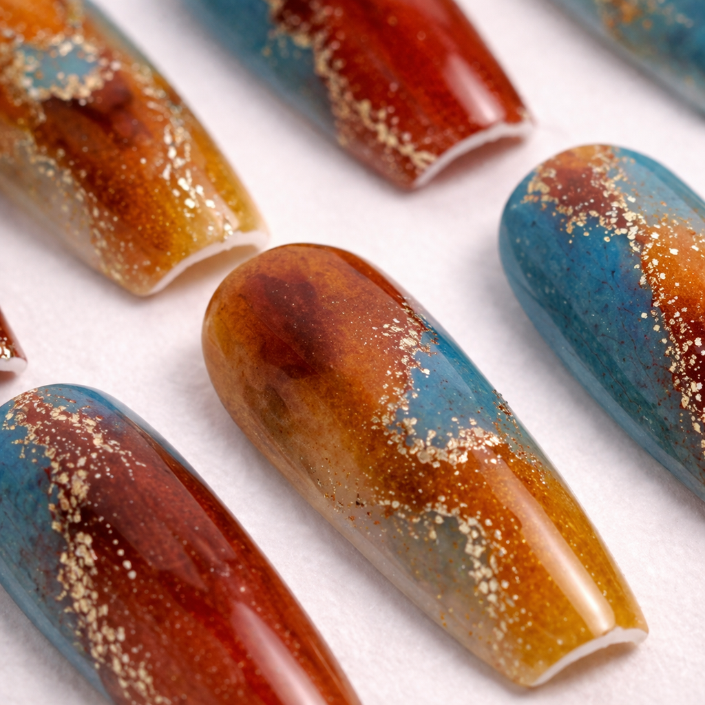 Détail ongles press-on Voile Ambré – finition naturelle avec reflets dorés subtils