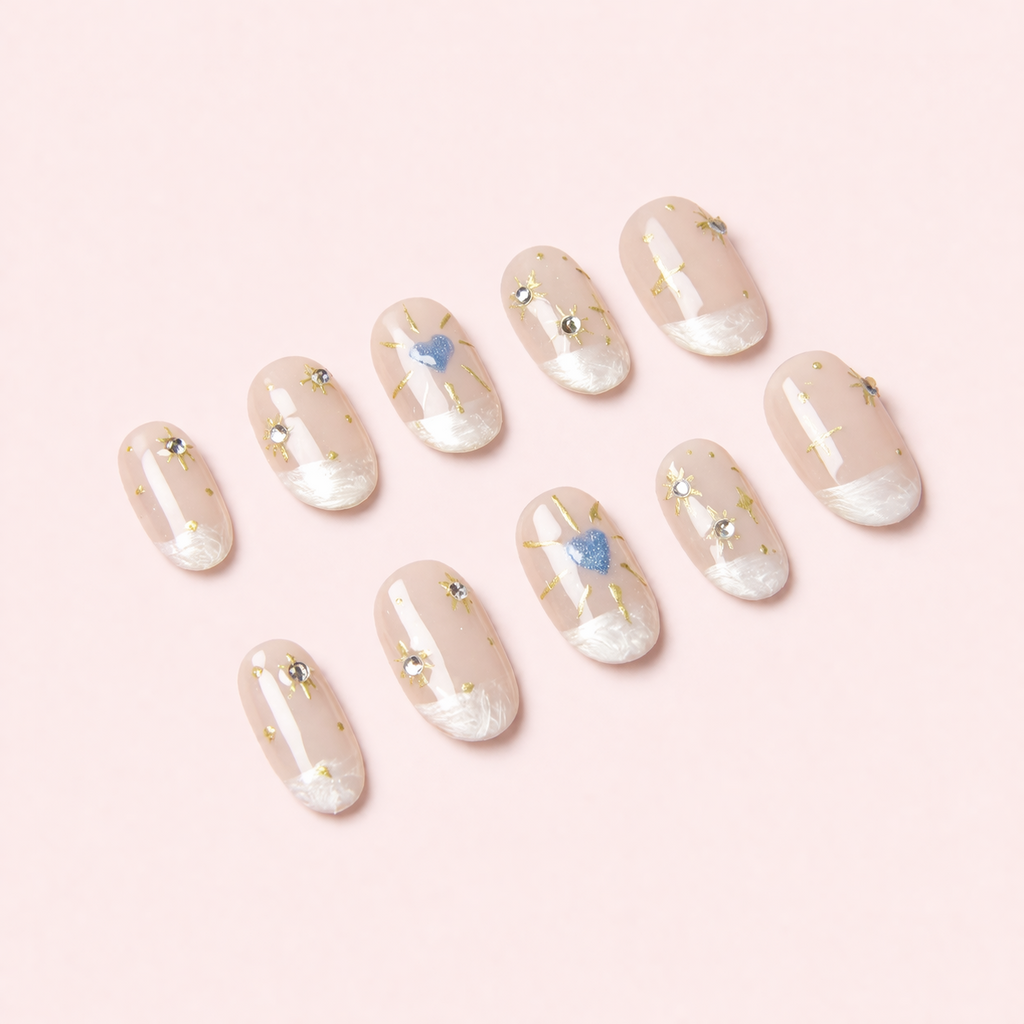 Set Cœur Astral – faux ongles press-on nude, blancs, dorés et cœur bleu