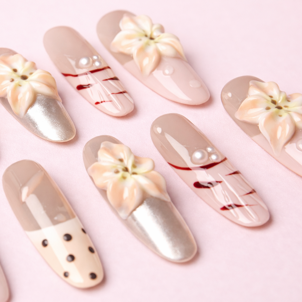 Détail rapproché des faux ongles press-on Dolce Fleur avec fleurs 3D et perles – MB Beauty