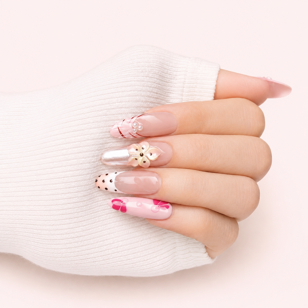 Faux ongles press-on roses Dolce Fleur portés sur la main – MB Beauty