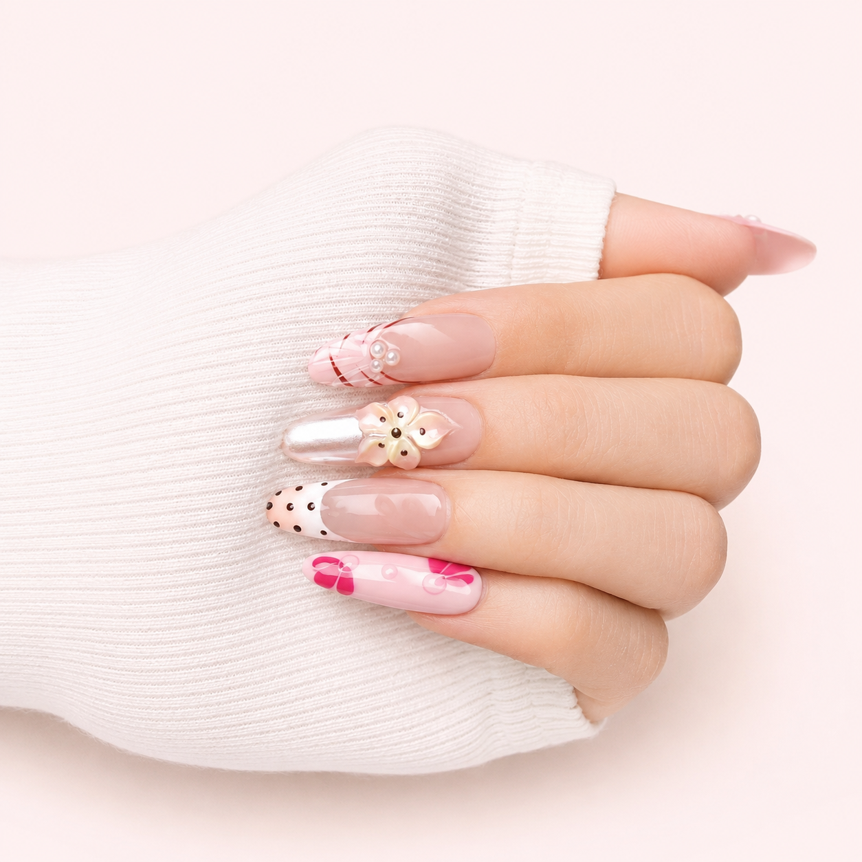 Faux ongles press-on roses Dolce Fleur portés sur la main – MB Beauty