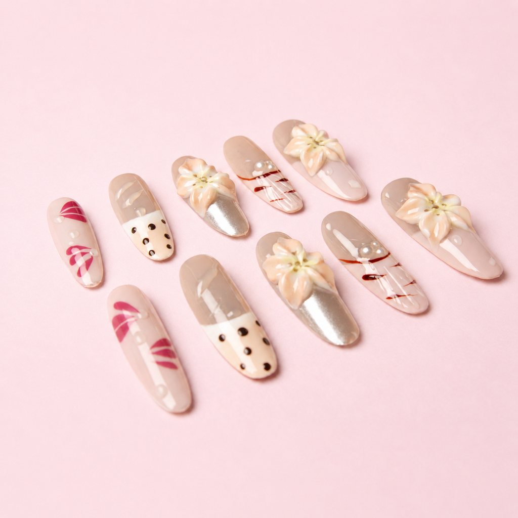 Faux ongles press-on Dolce Fleur roses, fleuris et argentés – MB Beauty