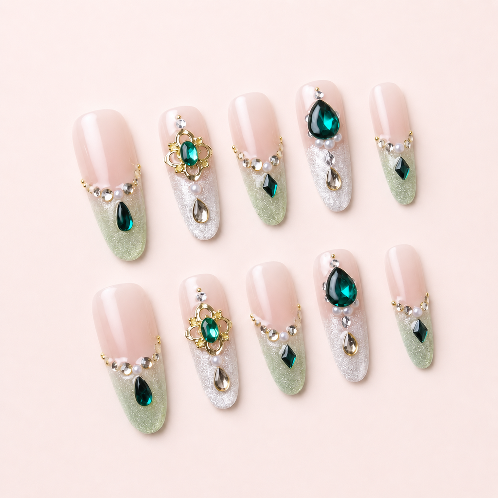 Set Éclat d’Émeraude faux ongles press-on nude vert émeraude et détails dorés