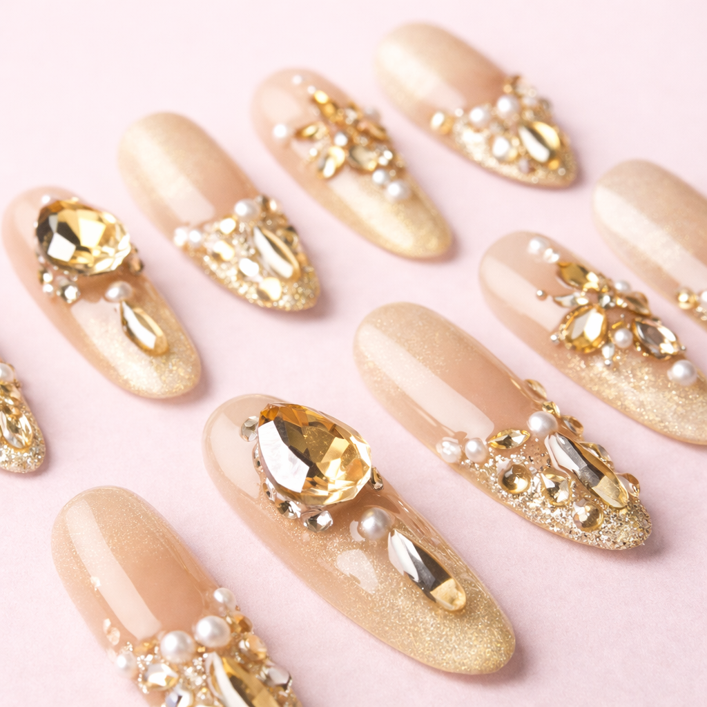 Détail Or Impérial ongles press-on dorés strass et perles MB Beauty