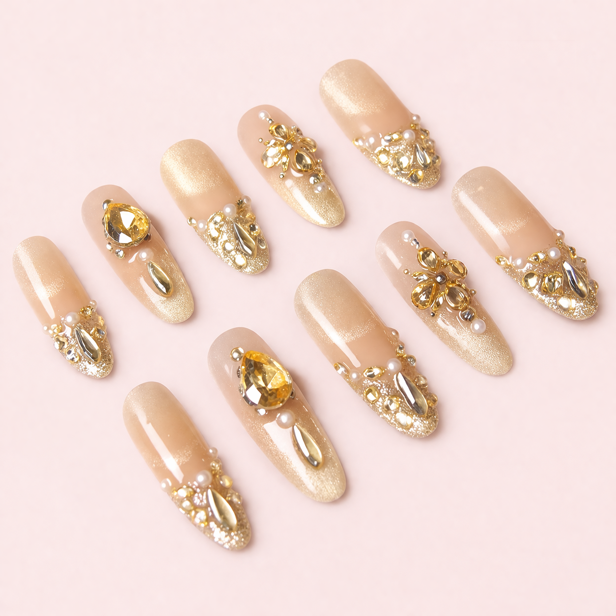 Set Or Impérial faux ongles press-on nude doré bijoux MB Beauty