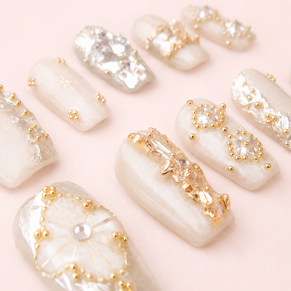 Détail rapproché des faux ongles press-on Princesse Ivoire – MB Beauty