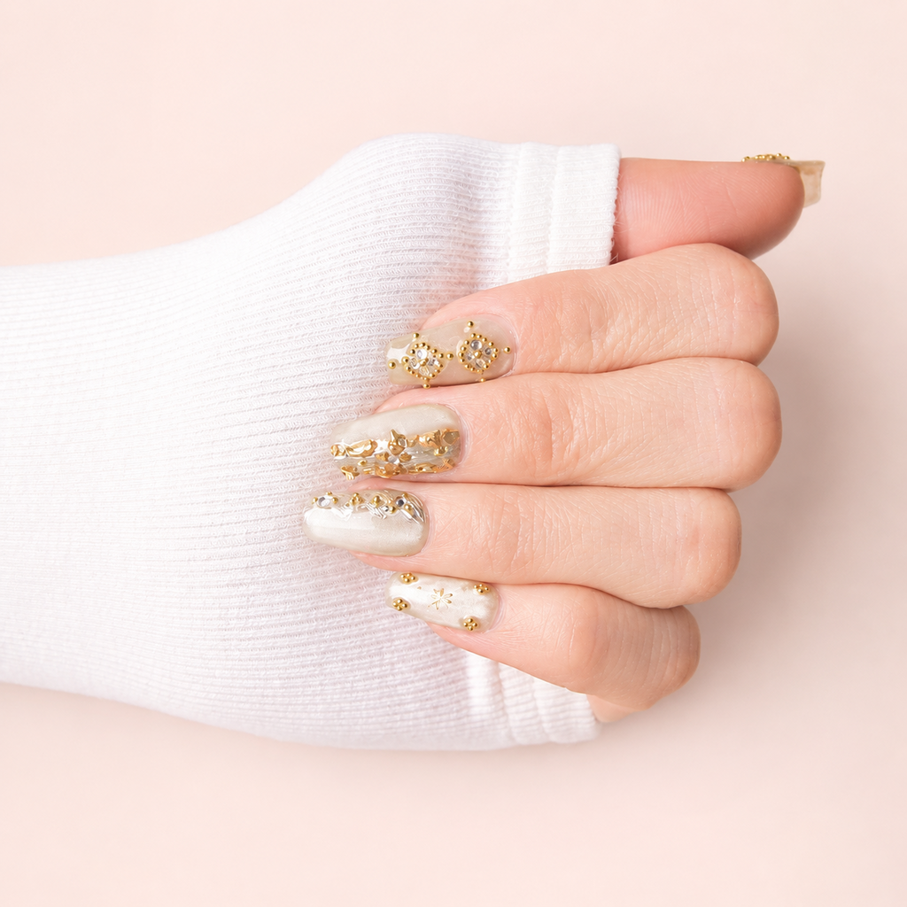 Faux ongles press-on ivoire et dorés Princesse Ivoire portés sur la main – MB Beauty