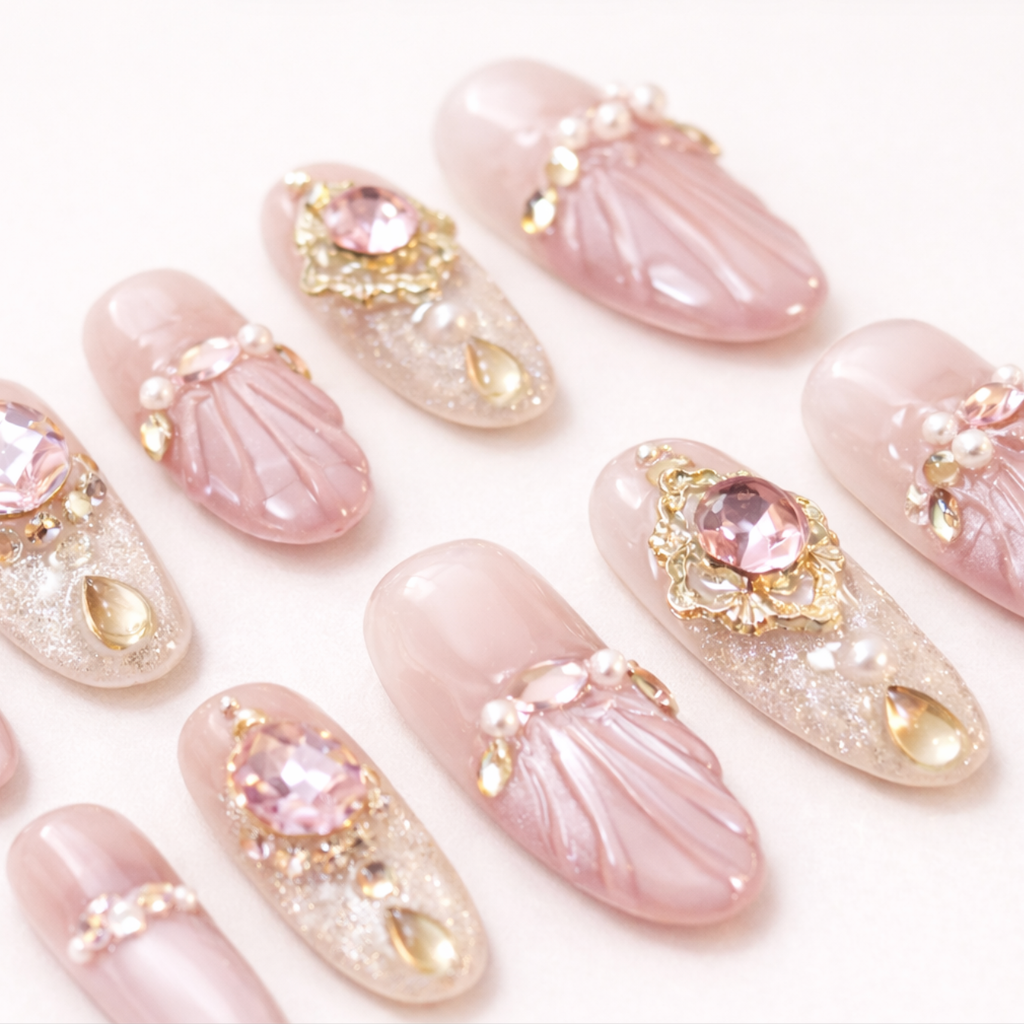 Gros plan sur des ongles press-on rose nacré avec texture coquillage, strass brillants et détails dorés, design luxueux MB Beauty