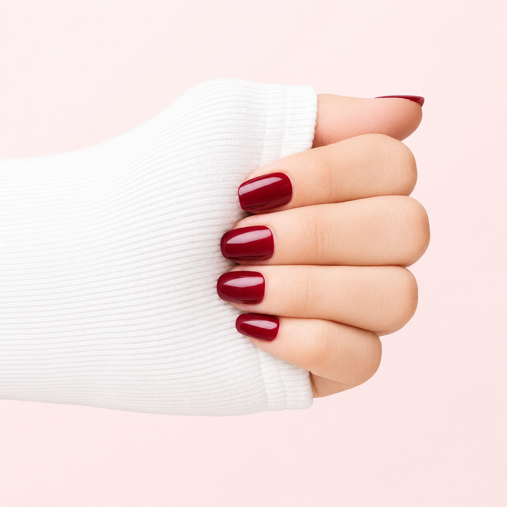 Faux ongles press-on rouges Rouge Opéra portés sur la main – MB Beauty